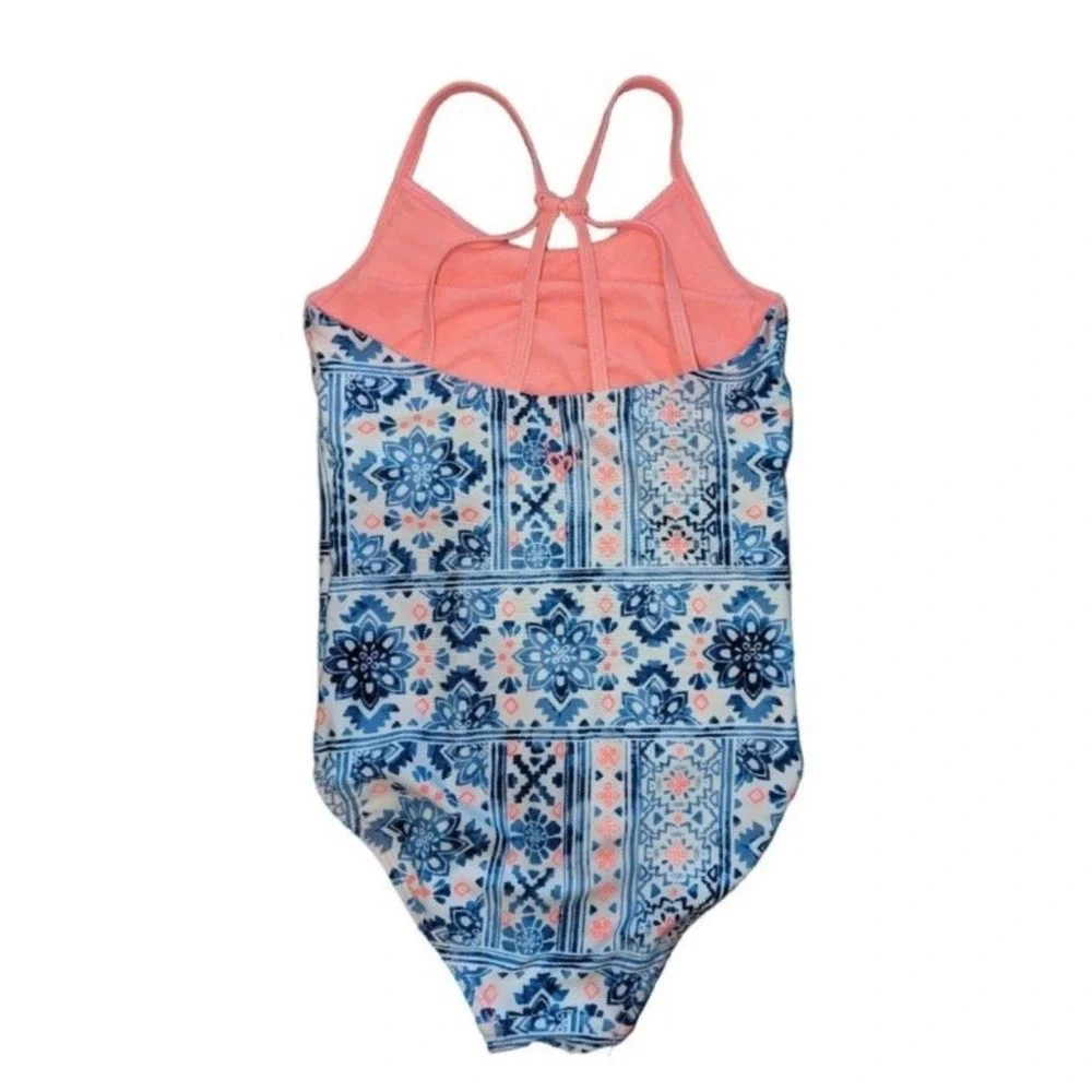 ☀️Justice Girls One Piece Swimsuit Size 7 Blue Floral Boho Strappy Back☀️